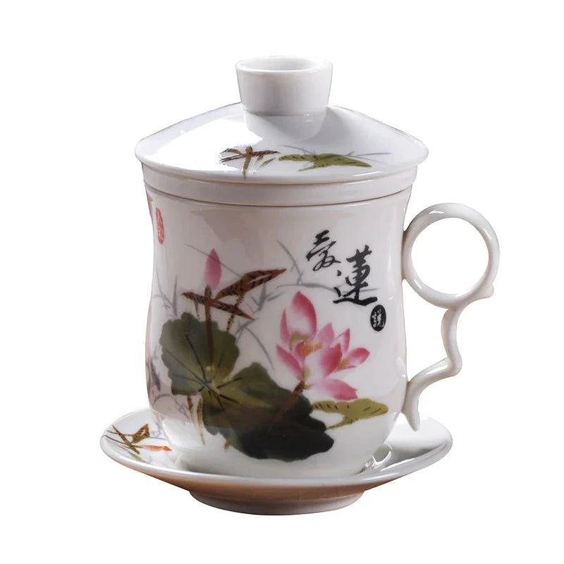 Afralia™ Blue and White Porcelain Tea Cup with Lid and Filter