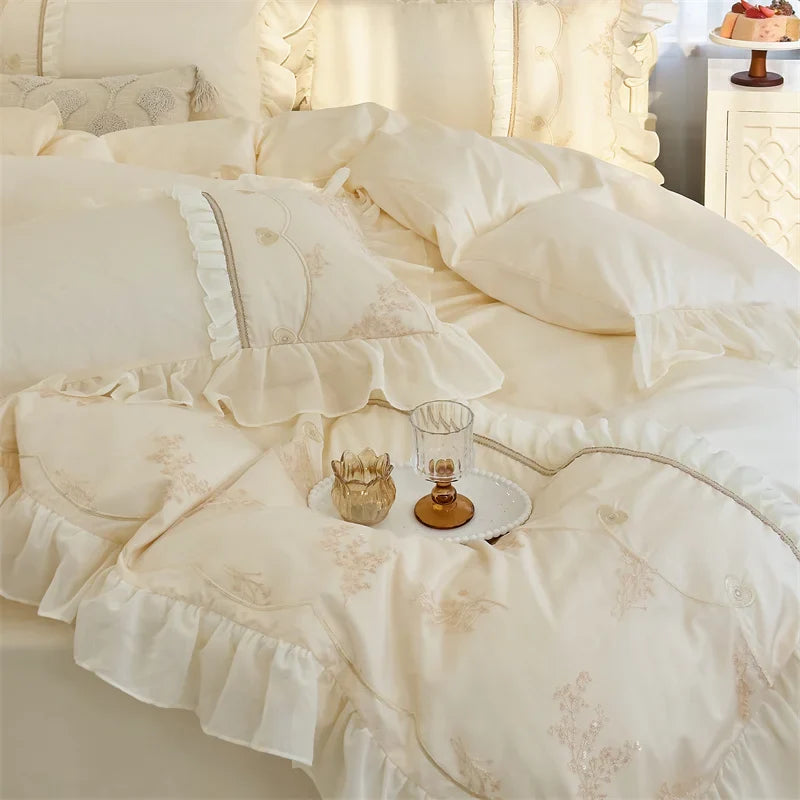 Afralia™ Elegant Heart Embroidery Lace Princess Wedding Bedding Set