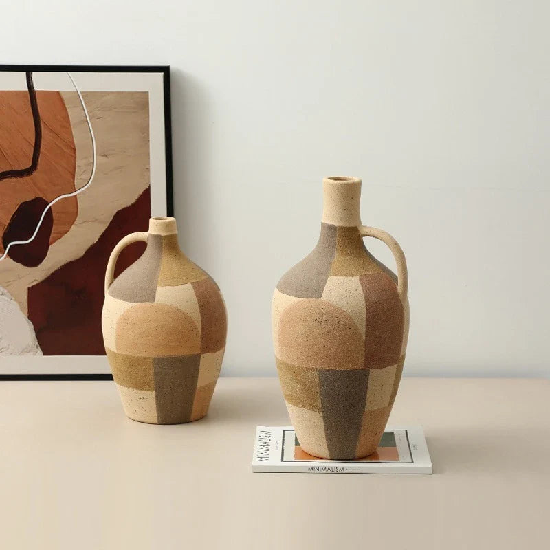 Afralia™ Checkered Color-blocked Ceramic Vase with Geometric Handle