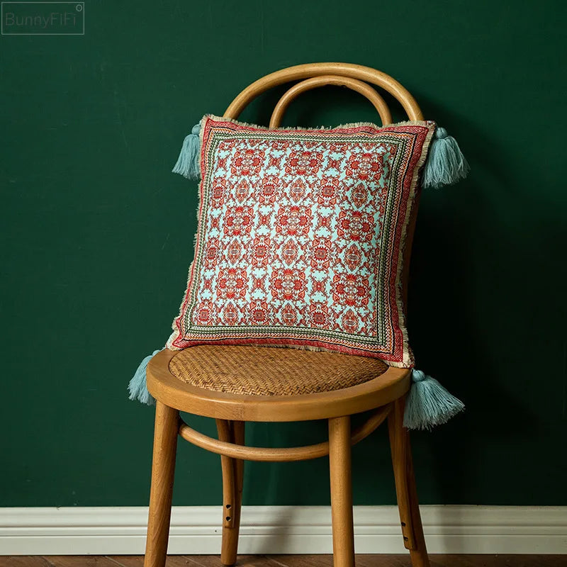 Afralia™ Vintage Floral Cushion Cover with Tassles for Home Decor