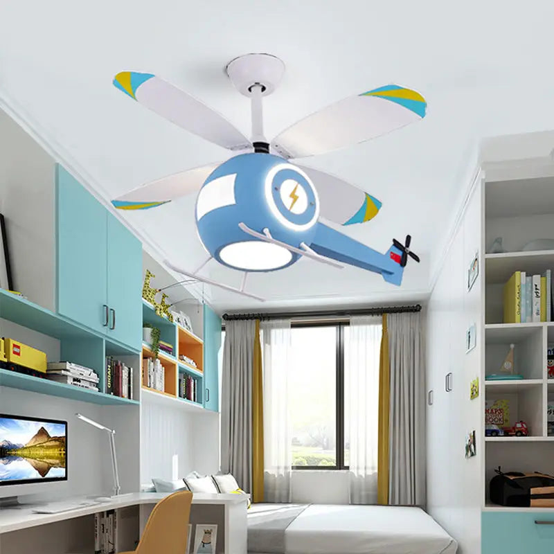 Afralia™ Aircraft LED Ceiling Fan Light Remote Dimming Chandelier for Kids Bedroom