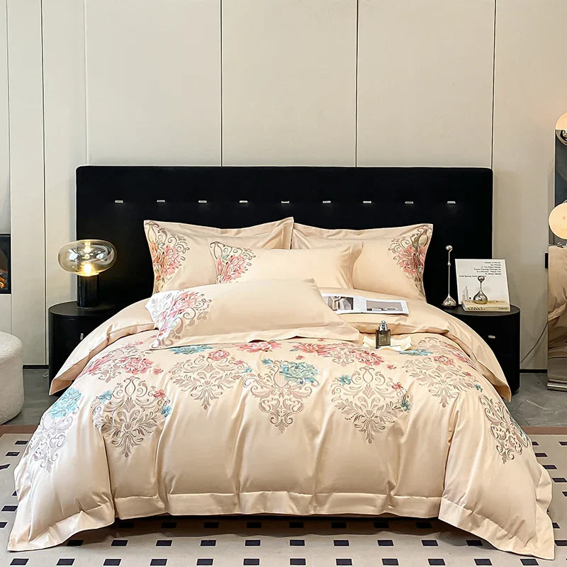 Afralia™ Luxury Flowers Embroidery Cotton Bedding Set - Queen King Size