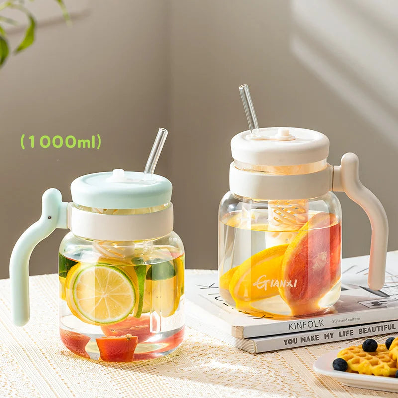 Afralia™ 1000ML Glass Tumbler with Lid, Straw & Handle - Transparent Coffee Cup Water Bottle