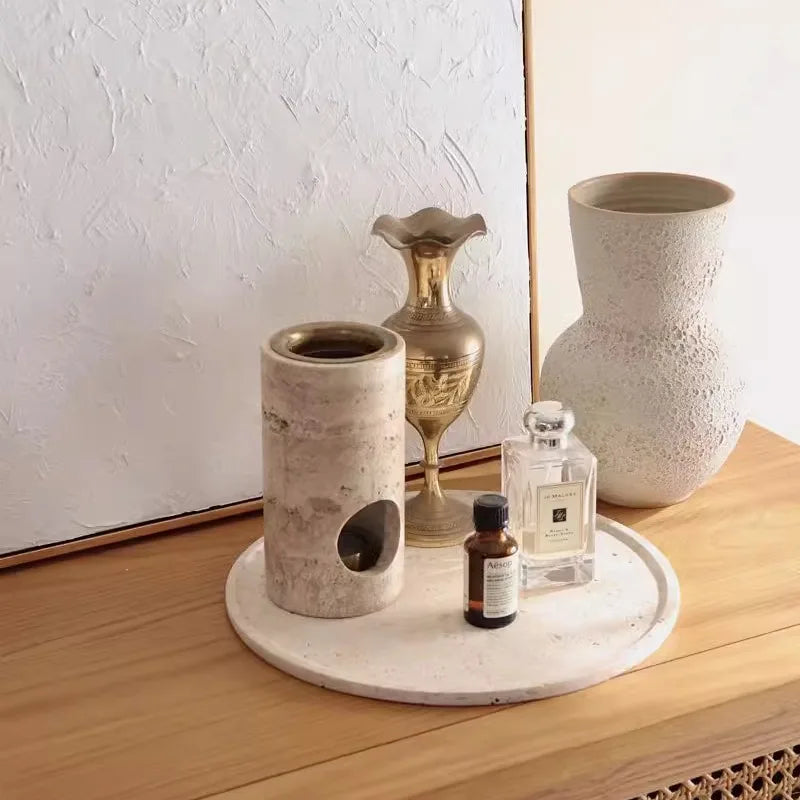 Afralia™ Beige Travertine Stone Essential Oil Burner Diffuser Cyclinder 7x14CM