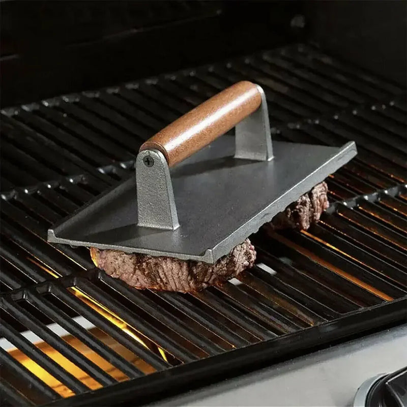 Afralia™ Heavy Cast Flat Iron Steak Weight with Wooden Handle