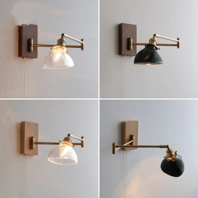 Afralia™ Clear Glass Copper LED Wall Light with Pull Chain Switch & Walnut Wood Canopy