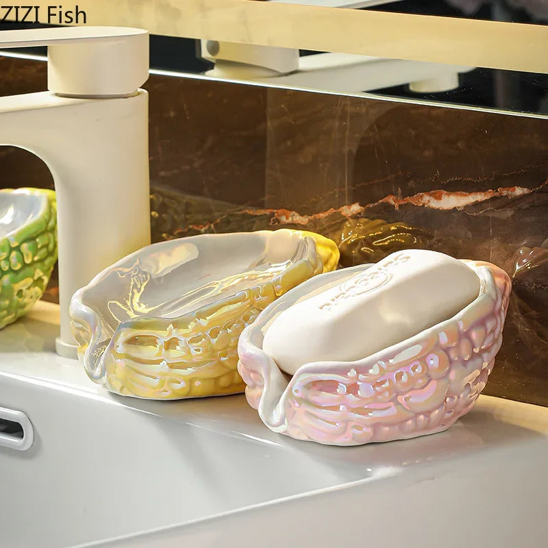 Afralia™ Bitter Gourd Ceramic Soap Dish - Bathroom Accessories Drainage Rack & Storage Container