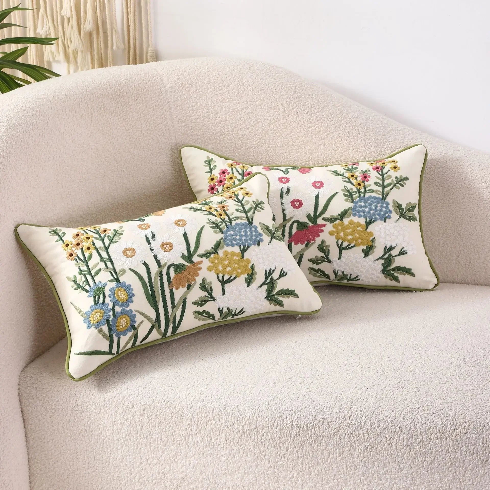 Afralia™ Floral Embroidered Cushion Cover 28x48cm Farmhouse Yellow Pink Flower Pillowcase Cotton