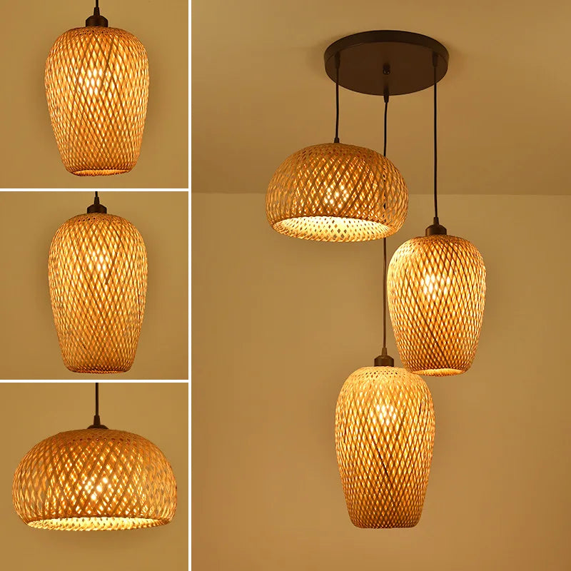 Afralia™ Rattan Bamboo LED Pendant Light | Vintage Woven Chandelier for Home Dining Kitchen