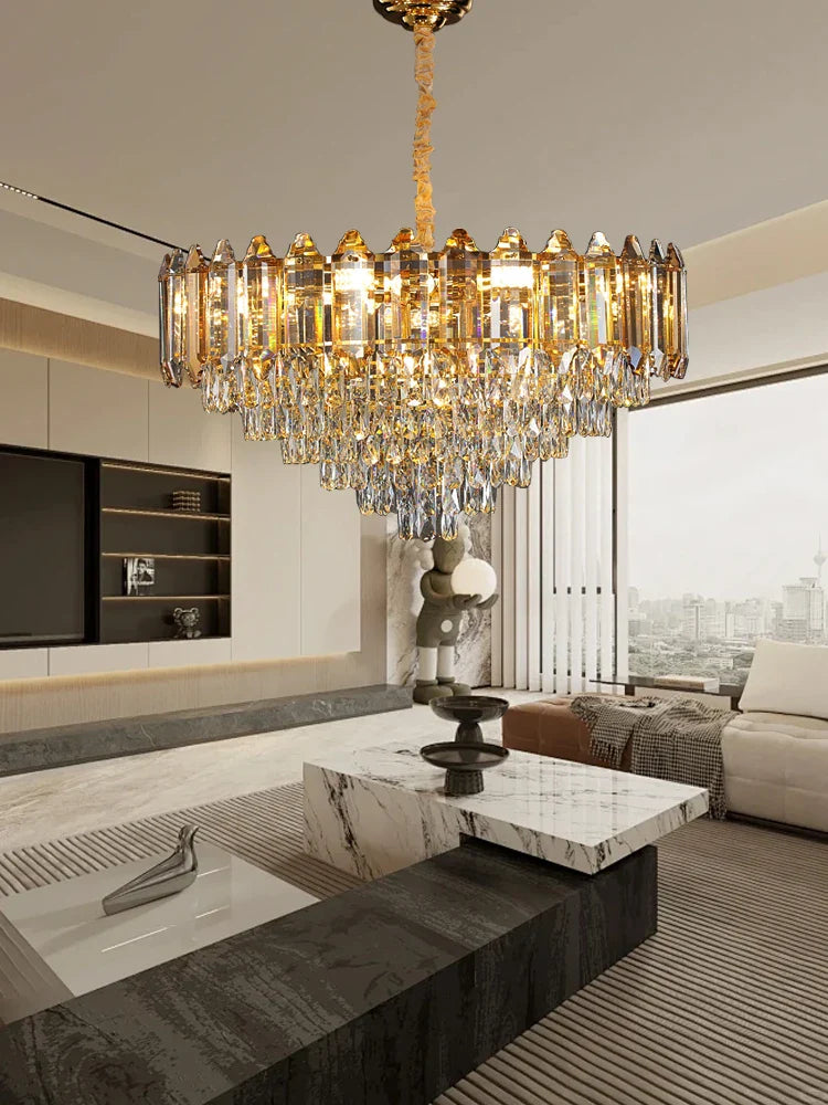 Afralia™ Gold Amber Crystal Chandelier Lights Modern Room Decor Hanging Lamp