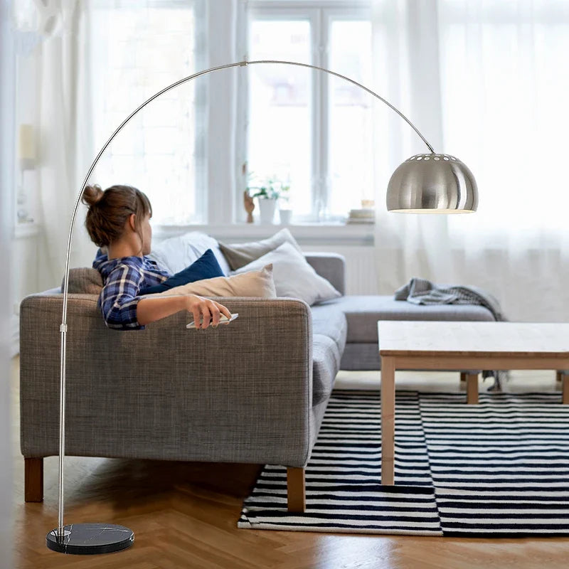 Afralia™ Nordic Marble Wooden Arc Floor Lamp Silver Study Lighting