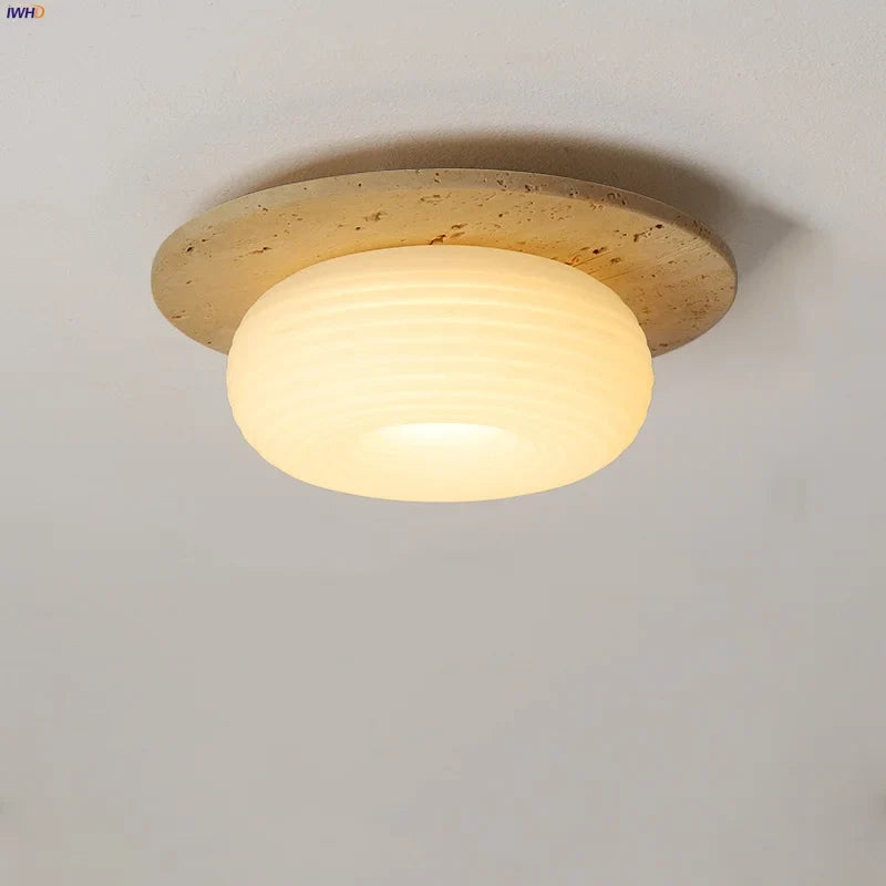 Afralia™ Wabi Sabi LED Ceiling Light Fixture Yellow Travertine White PE Round Lampshade