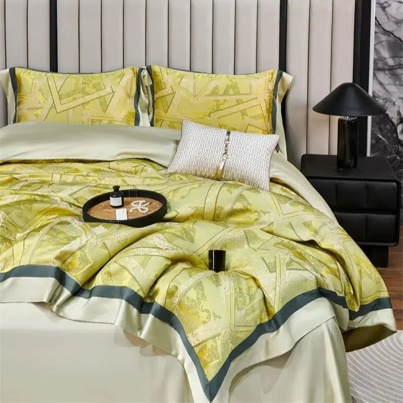 Afralia™ Luxury Jacquard Yellow Champagne Bedding Set with Satin Finish - 4-Piece