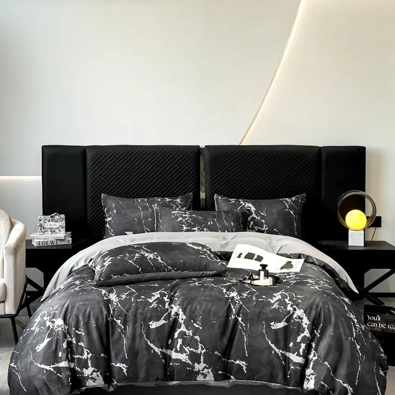 Afralia™ Black Grey Marble Ice Silk Duvet Cover Set - Luxury Cooling Comfort, Nordic Style