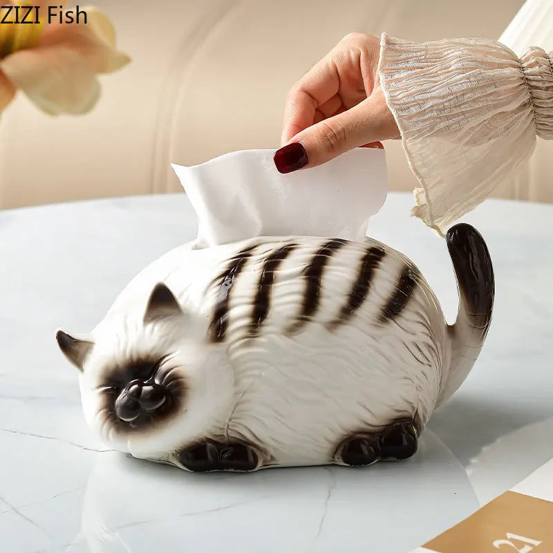 Afralia™ Siamese Kitten Ceramic Tissue Box - Creative Desk Decoration