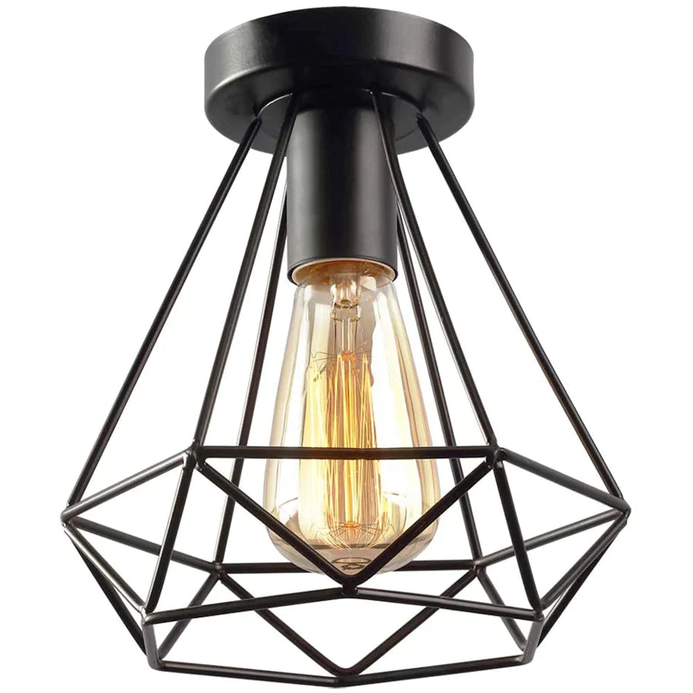 Afralia™ Iron Black Cage Ceiling Lamp Retro Fixtures Home Lighting for Living Room