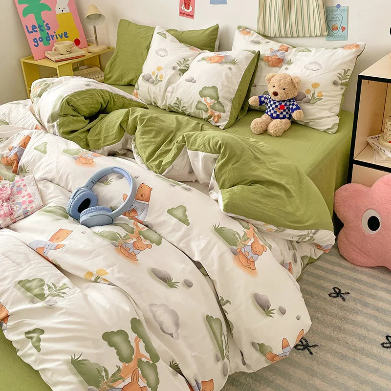 Afralia™ Cartoon Pattern Cotton Bed Sets Quilt Cover Sheet Pillowcase Bedclothes