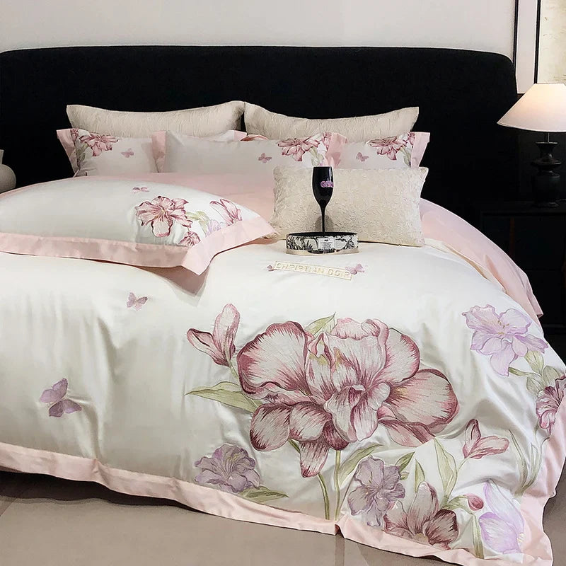 Afralia™ Blooming Flowers Embroidery Bedding Set 600TC Egyptian Cotton Duvet Cover Queen King