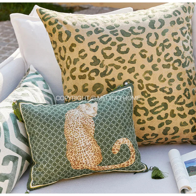 Afralia™ Vintage Green Leopard Cushion Cover - French Courtyard Deco Panthera Portrait