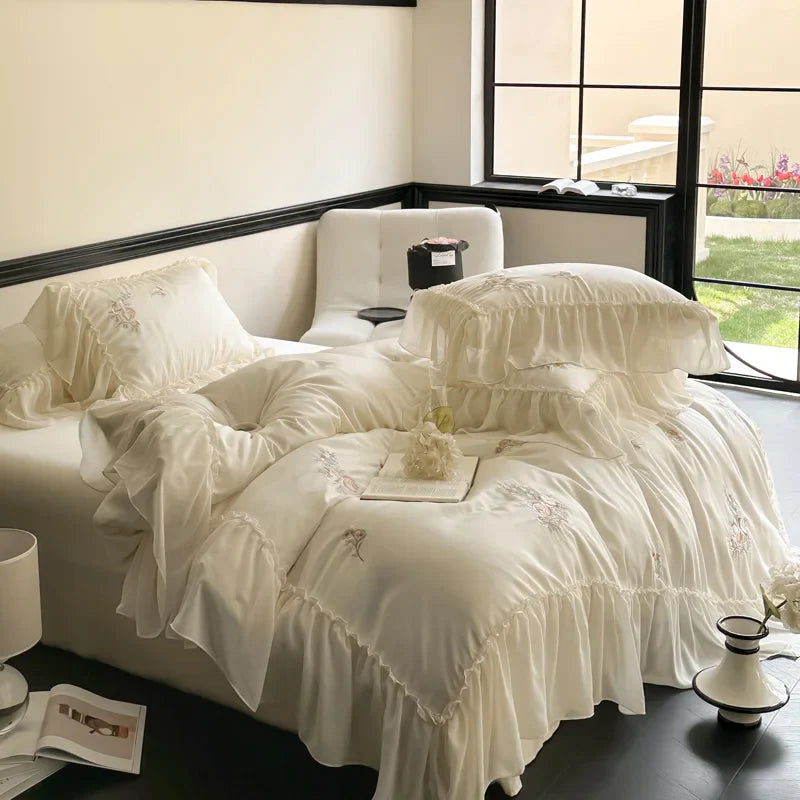 Afralia™ Flowers Embroidery Lace Ruffles Bedding Set in Soft Lyocell Fabric
