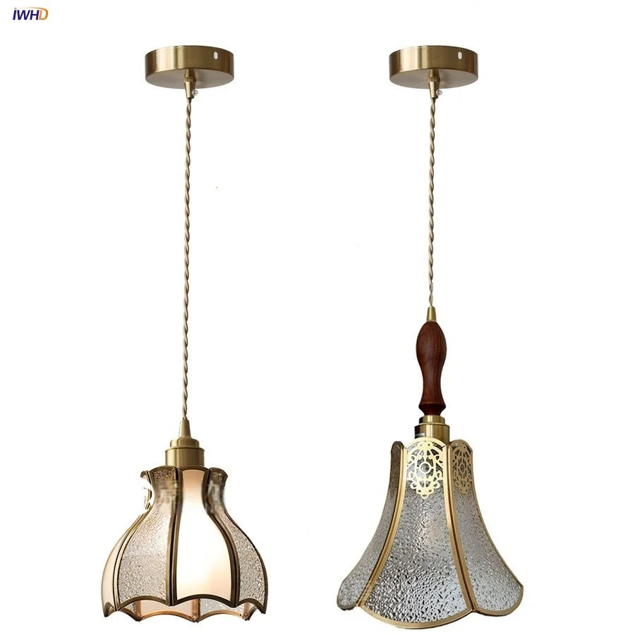 Afralia™ Walnut Wood LED Pendant Light Fixture Hand Stitched Glass Hang Lamp