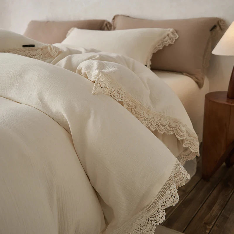Afralia™ Vintage Lace Edge Cotton Bedding Set: Duvet, Sheets, Pillowcases