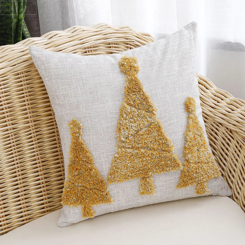 Afralia™ Christmas Tree Gold Green Red Tufted Pillow Cover 45x45cm Home Decoration