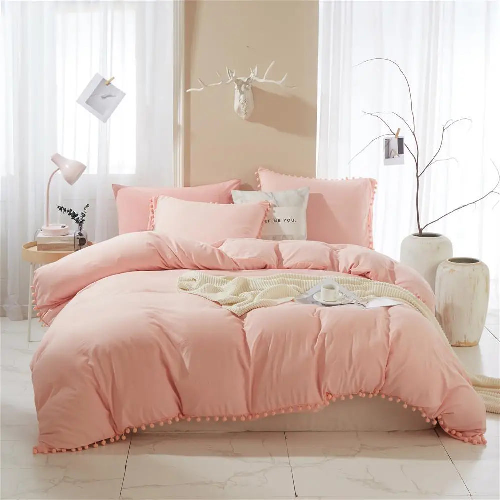 Afralia™ Pom-Pom Duvet Cover Set with Solid Color Design, Available in Various Sizes.