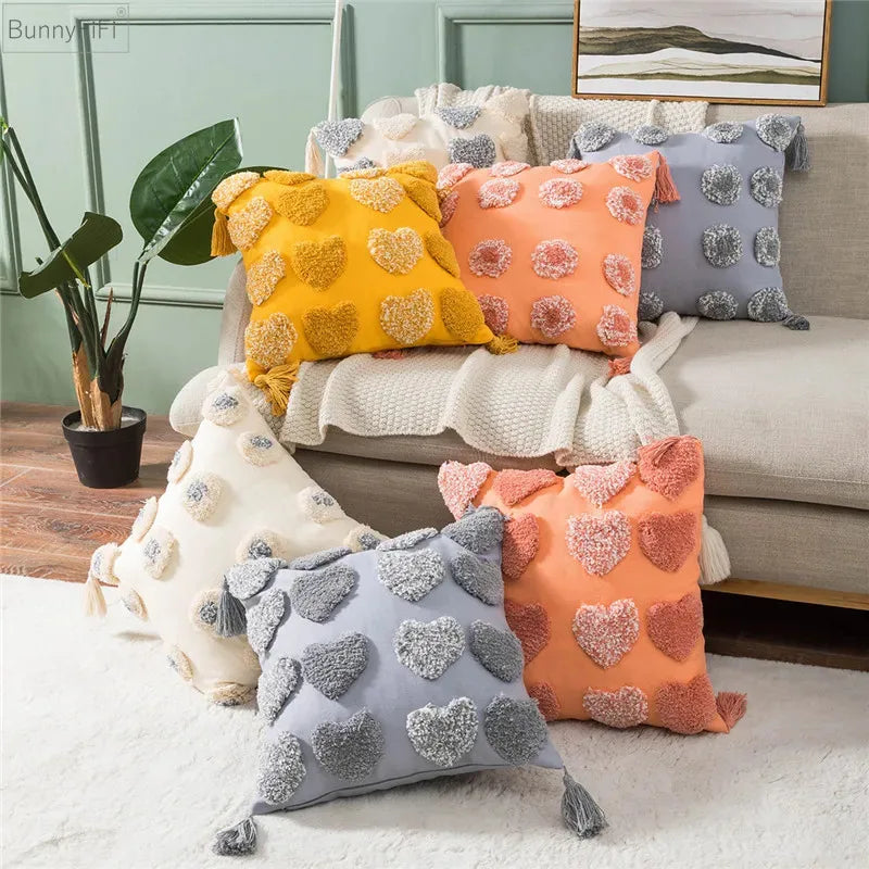 Afralia™ Heart Embroidery Cushion Cover 45x45cm Orange Grey Geometric Pillowcase