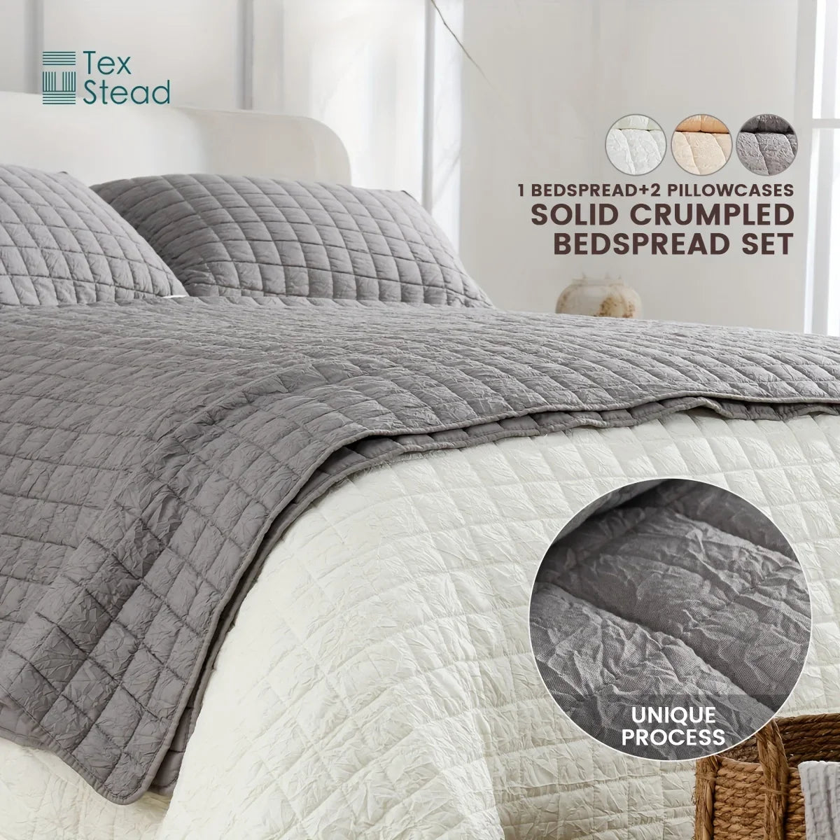 Afralia™ Soft Crumpled Bedspread Set (1 Bedspread + 2 Pillowcases) - Breathable & Comfortable