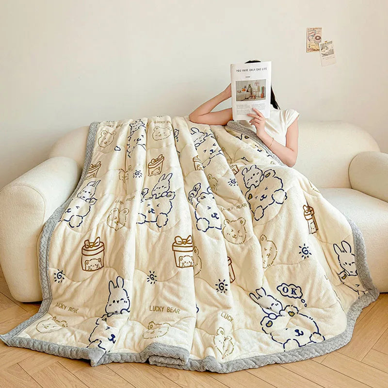 Afralia™ Cartoon Print Three-Layer Velvet Blanket for Cozy Winter Bedding