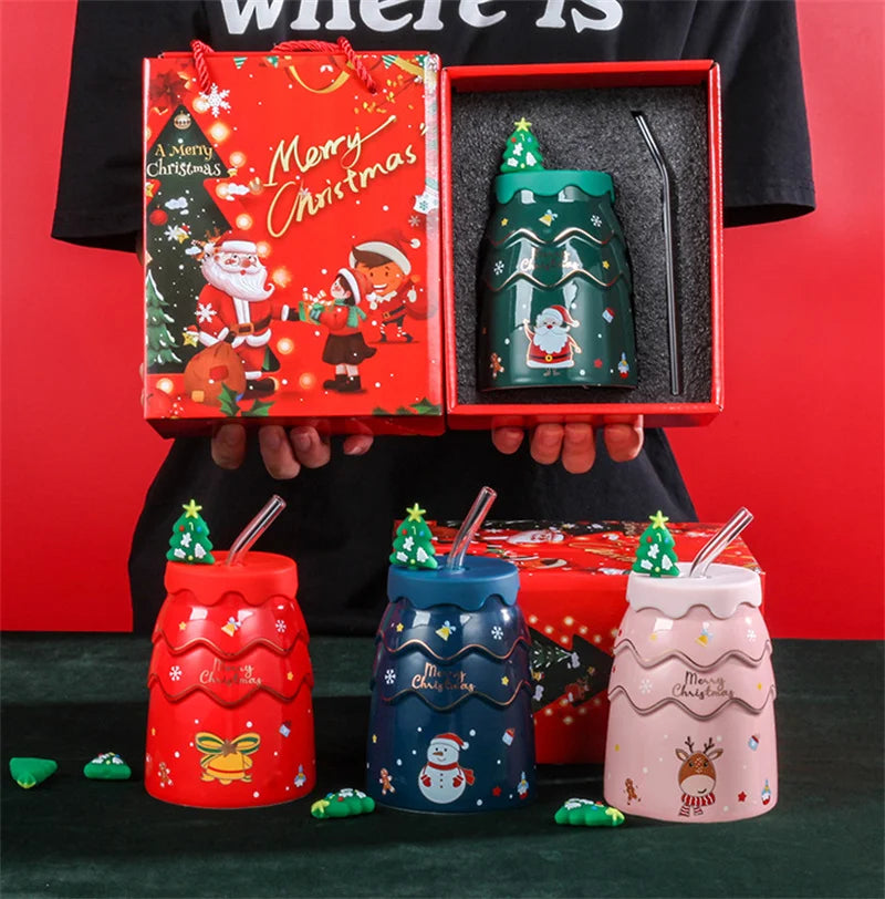 Afralia™ Christmas Tree Ceramic Mug with Lid Straw for XMAS Gift