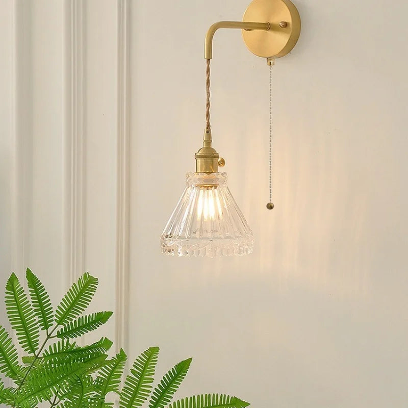 Afralia™ Nordic Glass Wall Lights LED Sconce Pull Chain Switch Adjustable Wire Bedside Lamp