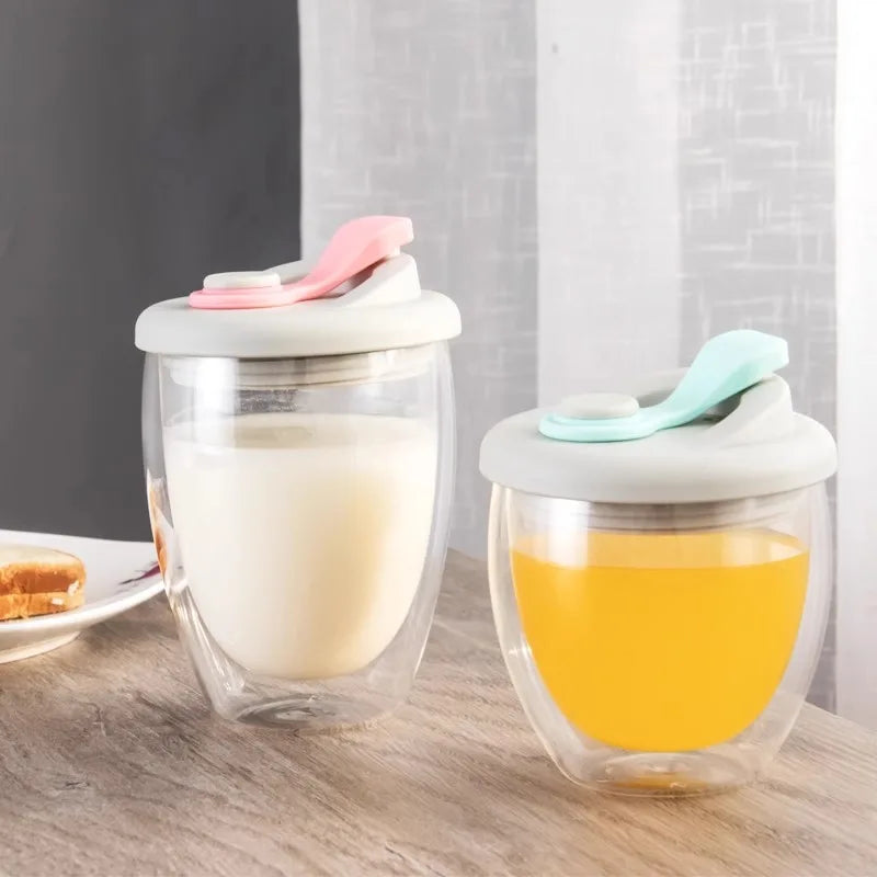 Afralia™ Double Deck Insulated Glass Coffee Mug With Lid Heat Resistant Water Cup