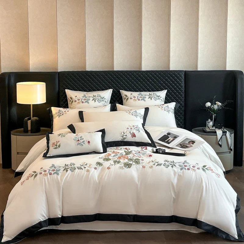Luxury Flowers Embroidery Black Cotton Bedding Set by Afralia™ - 4Pcs