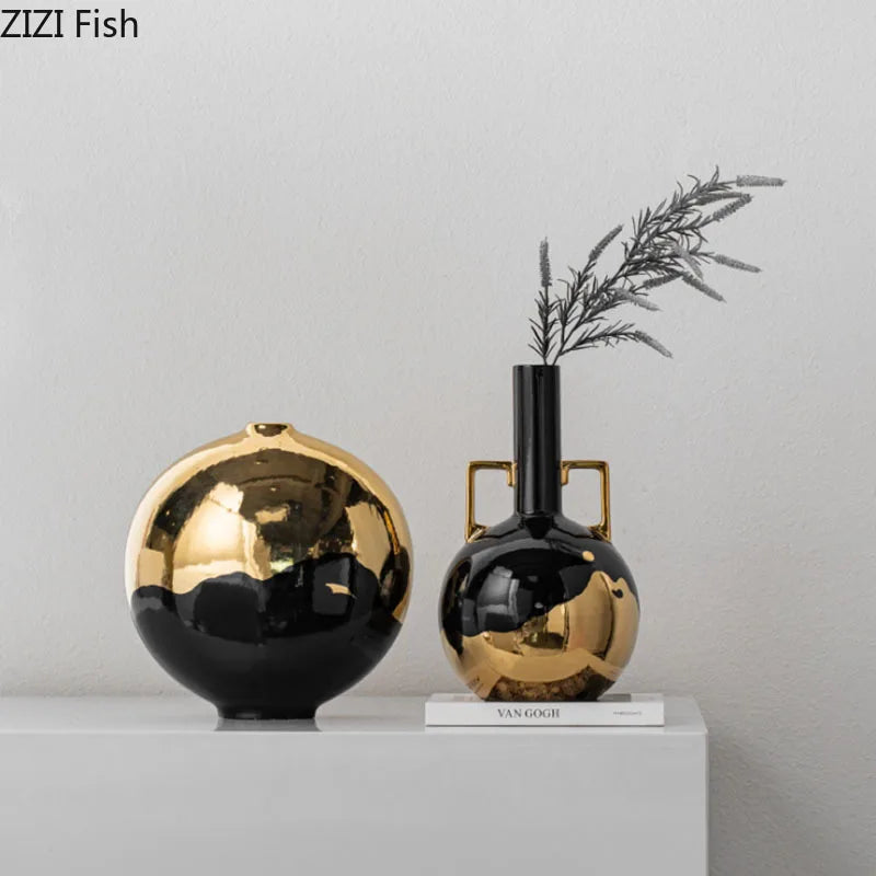 Afralia™ Black Golden Ceramic Vase Desk Decoration Minimalism Aesthetic Floral Room Decor
