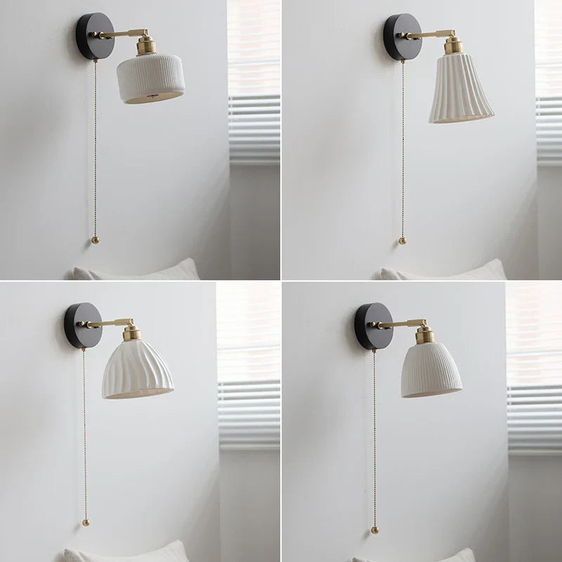 Afralia™ White Ceramic LED Wall Lamp Wood Canopy Sconce Reef Pull Chain Switch