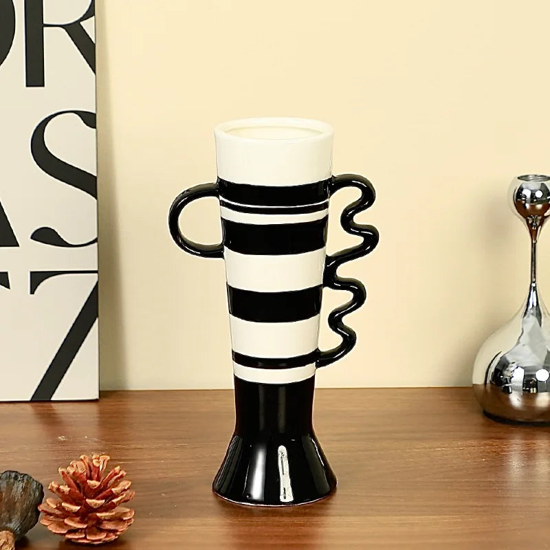 Afralia™ Ceramic Geometric Fringe Vase with Wavy Handle - Home Décor Handicraft