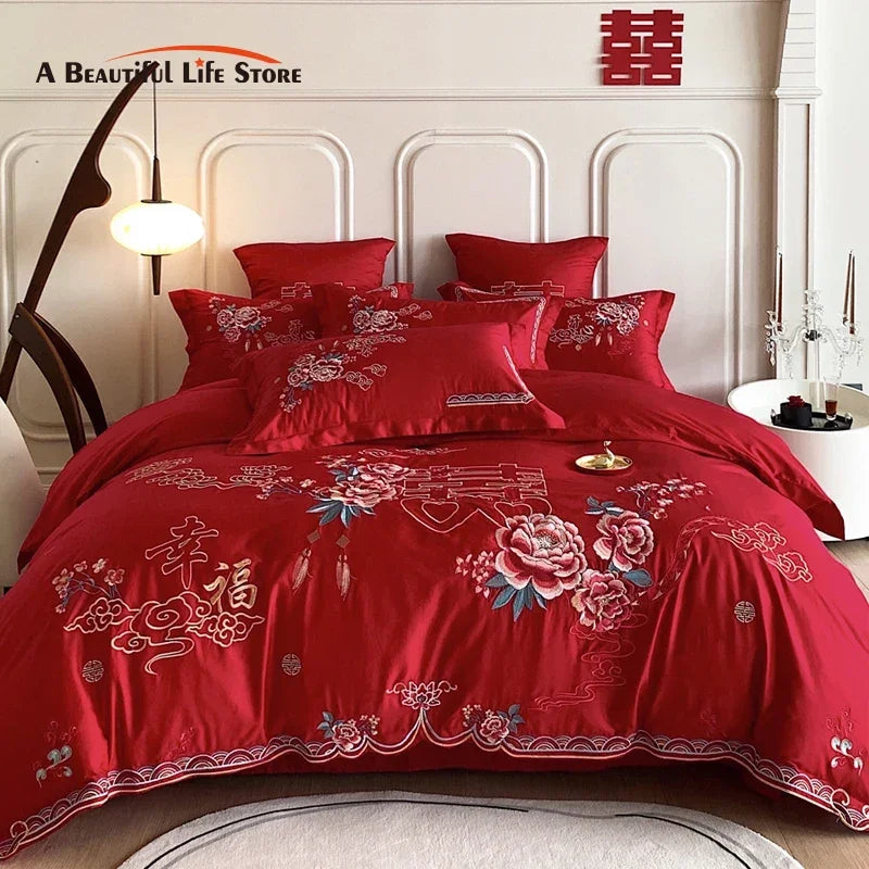 Afralia™ Peony Flowers Embroidery Queen Bedding Set with Brushed Duvet Cover and Sheet