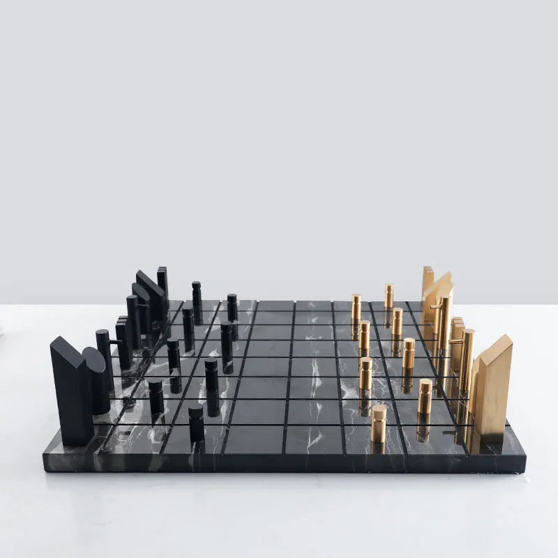 Afralia™ Golden Metal Marble Chessboard: Geometric Square Check King Game Decor Figurines