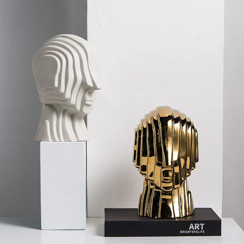 Afralia™ Geometric Ceramic Head Sculpture | Golden Alien Figurine