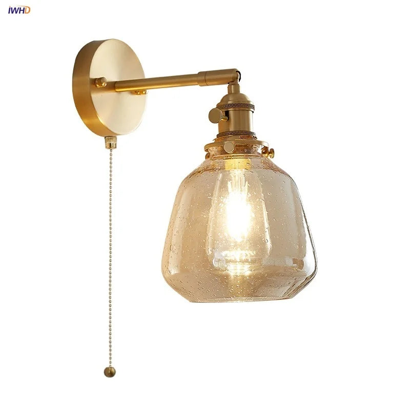 Afralia™ Clear Glass LED Wall Sconce, Modern Rotating Bedside Lamp with Pull Chain & Copper Socket