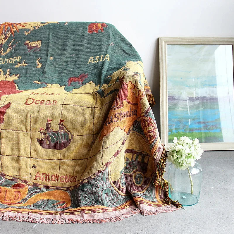 Afralia™ Retro World Map Throw Blanket - Cozy Cotton Sofa Cover & Decorative Living Room Blanket