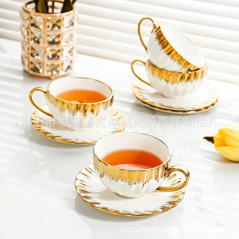 Afralia™ Golden Ceramic Tea Cup Set, Elegant English Afternoon Tea, High Aesthetic Value