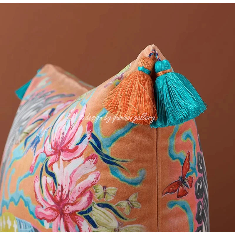 Afralia™ Zebra on Orange & Floral Maximalism Pillow Cover - Animal Kingdom Series