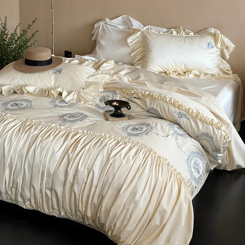 Afralia™ Rustic Rose Embroidery Bedding Set with Pleated Ruffles in Egyptian Cotton