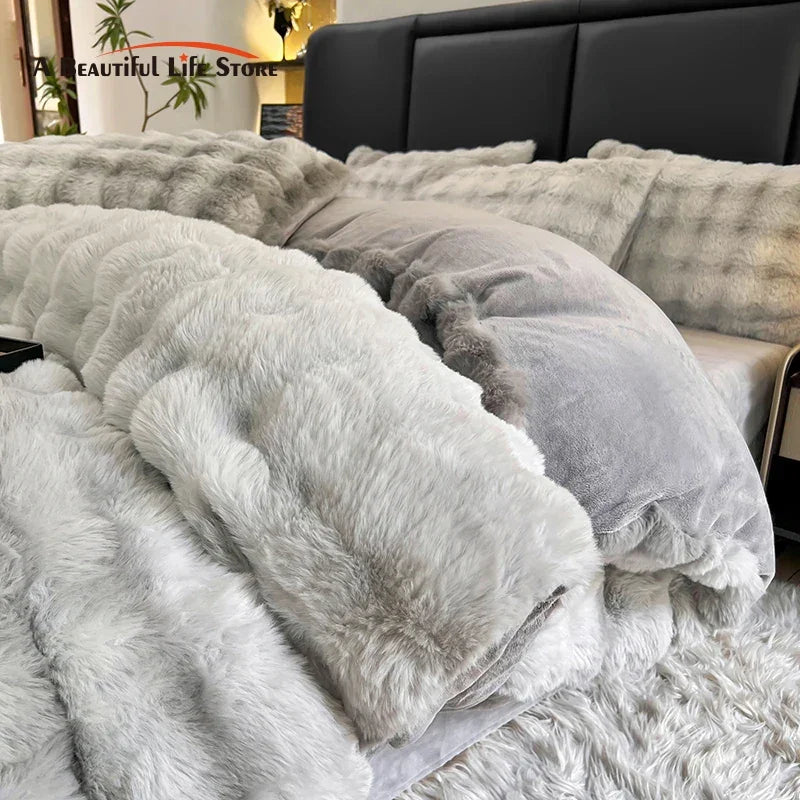 Afralia™ Gradient Gray Faux Rabbit Fur Velvet Bedding Set: Duvet Cover, Bedsheet, Pillowcase
