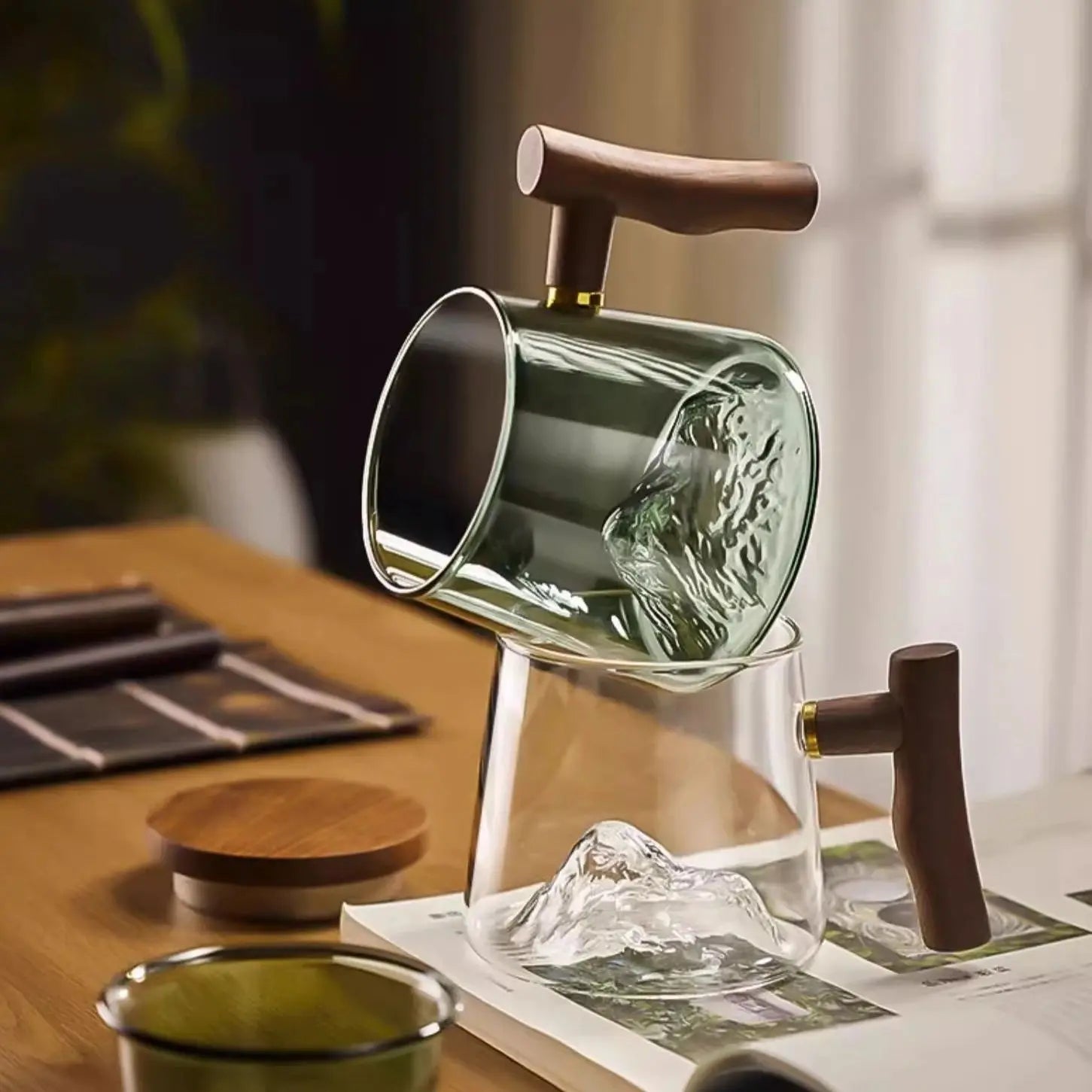 Afralia™ Far Mountain Glass Tea Cup with Walnut Handle - 400ml