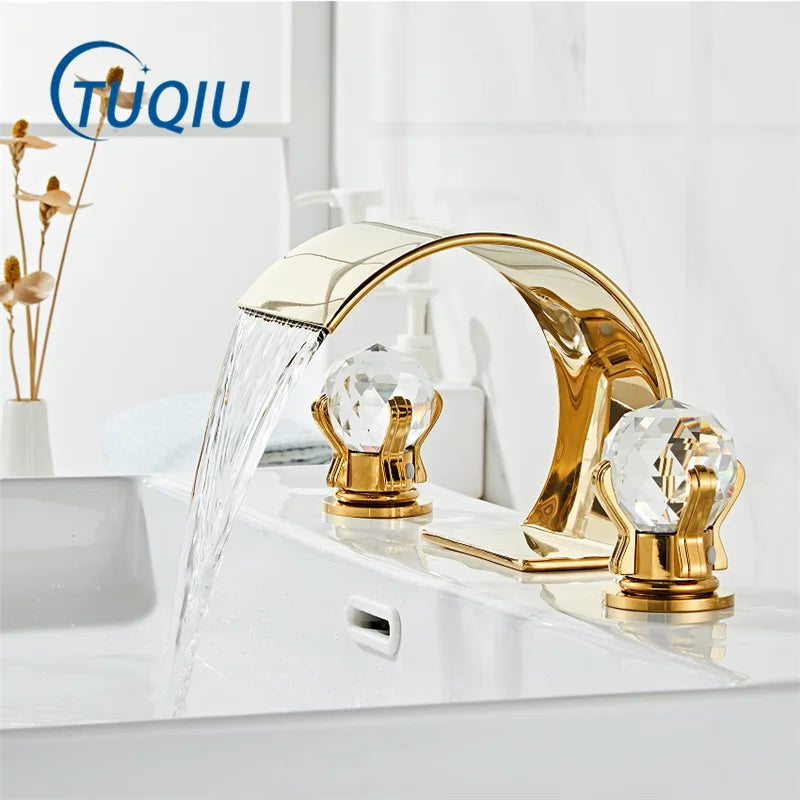 Afralia™ Gold Crystal Handle Bathroom Faucet - Widespread Brass Sink Tap