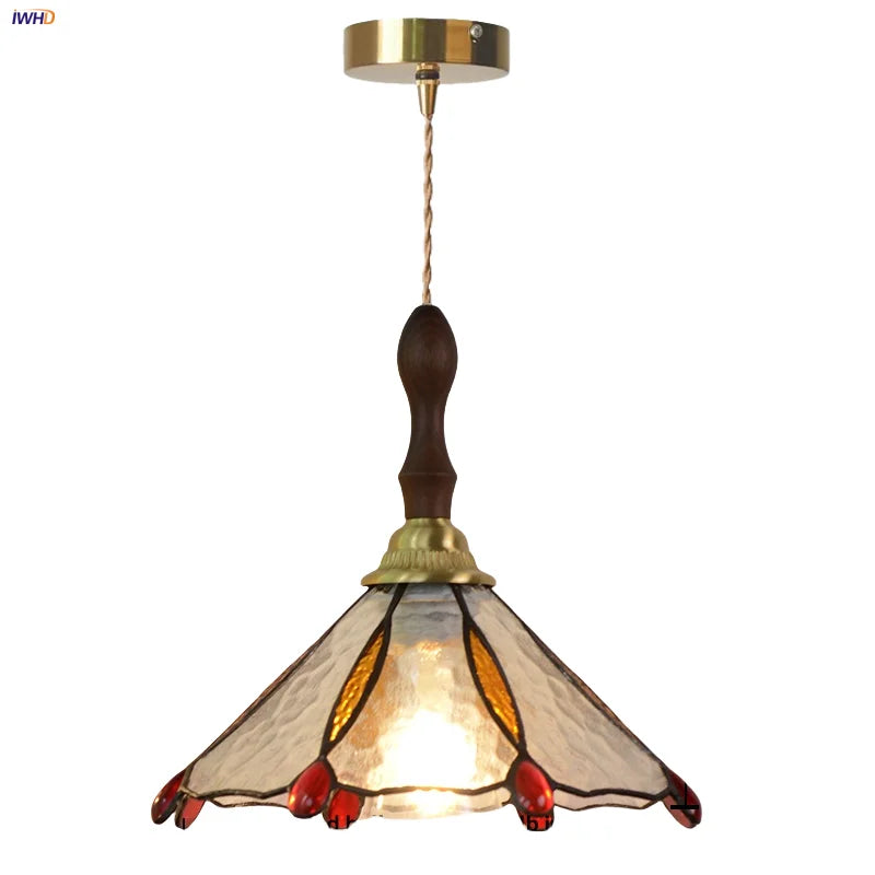 Afralia™ Walnut Wood LED Pendant Tiffany Glass Hanging Lamp - Vintage Dining Room Light